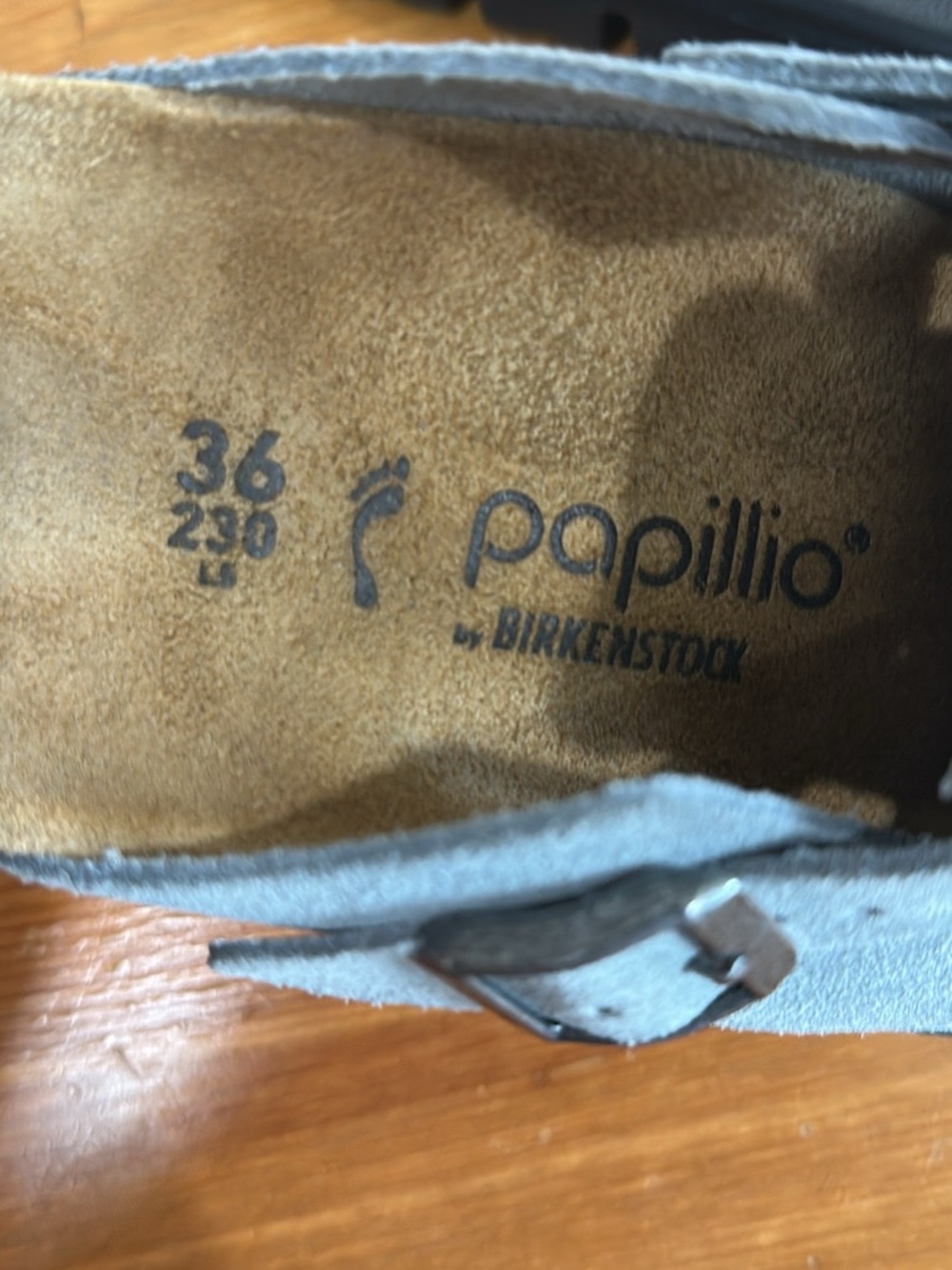 Papillio Gray Suede Buckle Clog Mule with Black Lug Sole - Picture 2 of 9